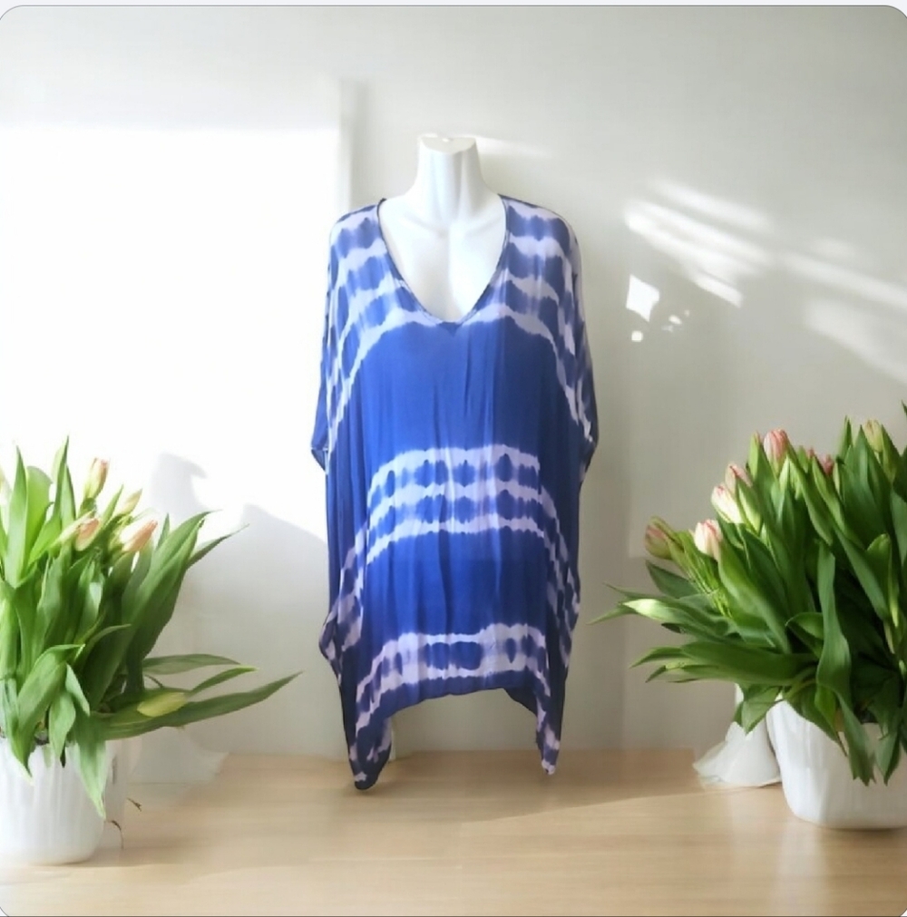 Blue and White Tie-Dye Kaftan Veach Coverup Os